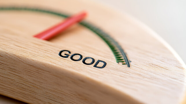Wooden meter gauge showing good status with red pointer indicator on light background, close up stock photo for business performance concept