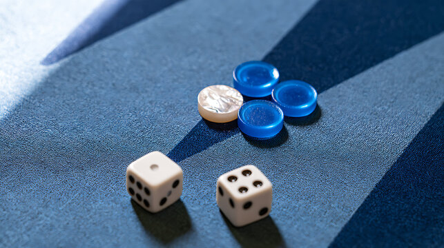Close-up view of white dice and blue and white game pieces arranged neatly on a textured blue and dark blue backgammon board surface