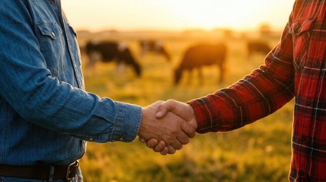 Farmers and buyers share a bond and seal a deal with a handshake amidst grazing cows in a picturesque scene