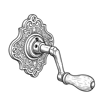 Ornate Victorian style crank handle with decorative scrollwork backplate engraving.