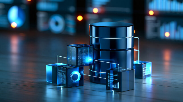 Modern data warehouse dashboard combining relational database tables, analytics charts, processing pipelines, and business intelligence reports, structured data integration,