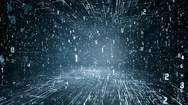 Glowing binary numbers stream through a futuristic digital matrix space with dynamic lighting. Perfect tech background for data science and cybersecurity concepts.