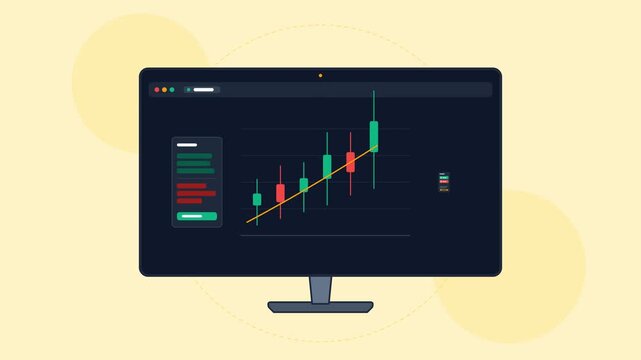 Dynamic financial trading application on a monitor screen with a bullish candlestick chart