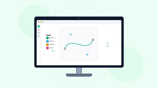 Digital designer creating a vector graphic on a computer screen with a pen tool interface