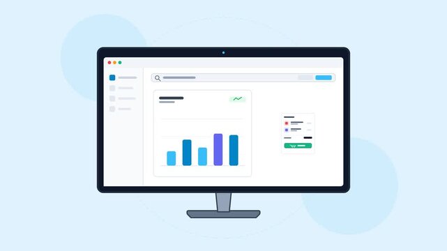 Flat design illustration of desktop monitor showing e commerce sales analytics and a mouse cursor