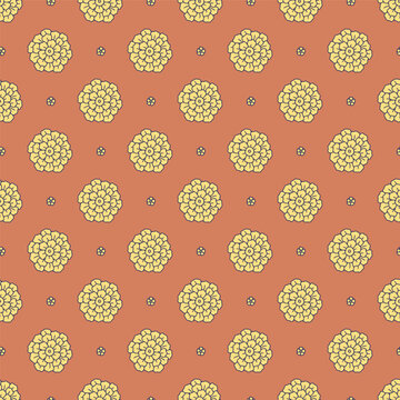 Seamless pattern with hand drawn yellow folk rosette flowers on orange background. Ethnic botanical repeat vector