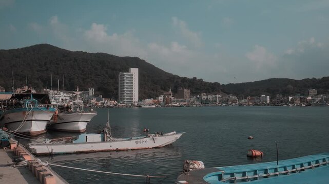 Fishing Boats Moored at Scenic Harbor in Gijang, Busan, South Korea