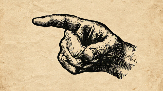 Vintage engraving illustration of human hand pointing on old aged paper