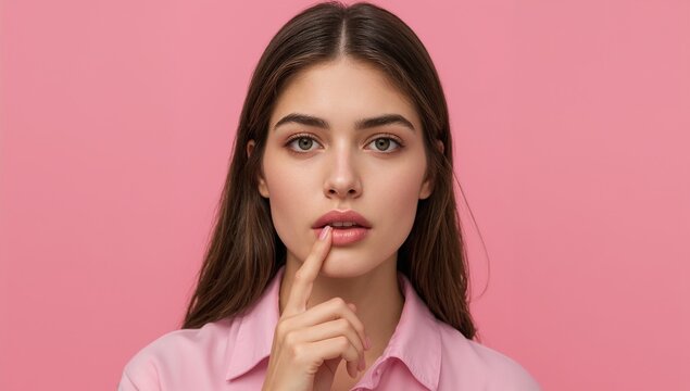 A woman in a pink shirt holding her finger to her lips, asking for quiet