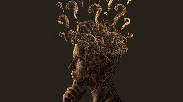Conceptual image of a person thinking with question marks and abstract art