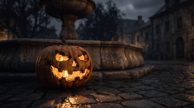 Glowing Halloween Jack O Lantern with a Scary Carved Face in an Abandoned Gothic Courtyard, Spooky Pumpkin beside an Old Stone Fountain at Night