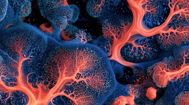 Organic coral vein pattern in deep blue and vivid orange for scientific wallpaper design.