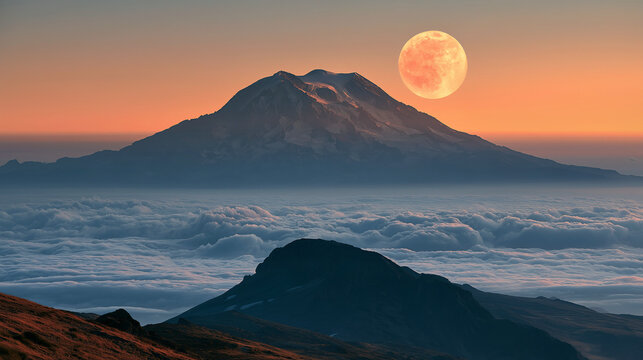Silhouetted mountain peak above misty clouds during a warm sunset for travel editorial wallpaper.