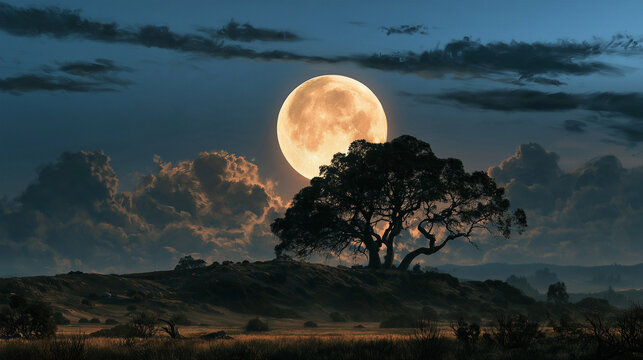 Full moon above a lone tree silhouette on a dark hill for dramatic landscape wallpaper.