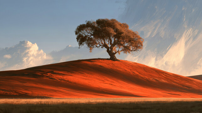 Lone tree on an orange sand dune under a blue sky for travel landscape wallpaper.