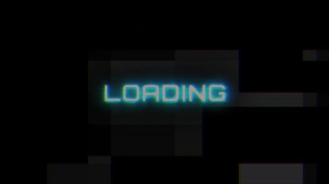 Neon glitch loading text with cyberpunk VHS distortion artifacts. Digital buffering graphic displaying system errors or hacked process. Futuristic retro sci-fi HUD featuring chromatic aberration UI