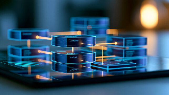Database modeling concept featuring connected customer, order, product, and payment tables on a clean digital interface, relational schema design, referential integrity, SQL