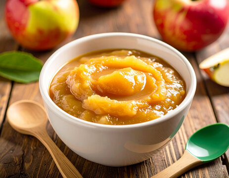 Homemade apple sauce, baby food, closeup. AI