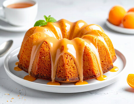 Apricot bundt cake, light orange glaze, white plate. AI