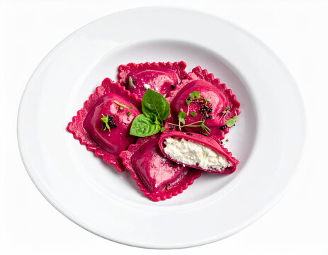 Beetroot ravioli with ricotta filling, white plate, top view. AI