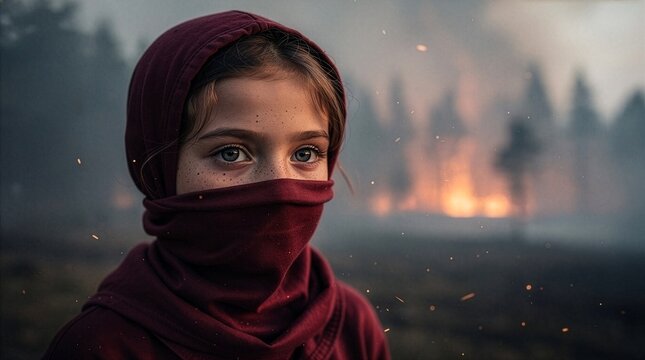 A close up portrait of a young girl with freckles and a red cloth covering her face, looking at the camera with a blurry forest fire and thick smoke burning in the distant background.