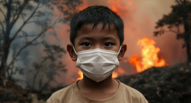 A close up portrait of a young boy wearing a white protective mask, looking directly at the camera with a raging forest fire and intense orange flames burning in the blurry background.