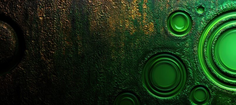 Weathered metal surface transitioning into smooth green glass with luminous circular forms