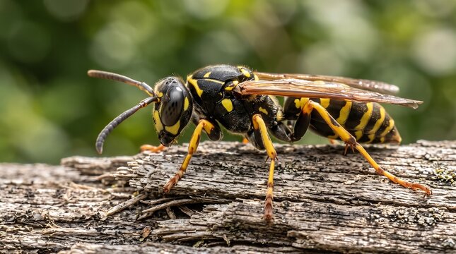 Macro wasp photography on wood surface, European paper wasp close up, yellow jacket insect wildlife nature shot