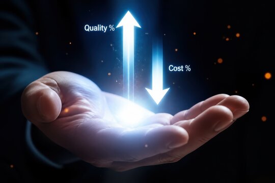 Hand holding glowing light symbolizing increased quality and reduced cost for business