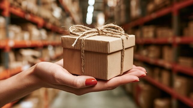 Cardboard gift box tied with string held in a hand inside a warehouse representing logistics and delivery