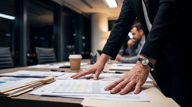 Businessman hands documents table office paperwork planning reports closeup dark ideal for annual reports finance blogs presentation slides startup landing pages and leadership articles