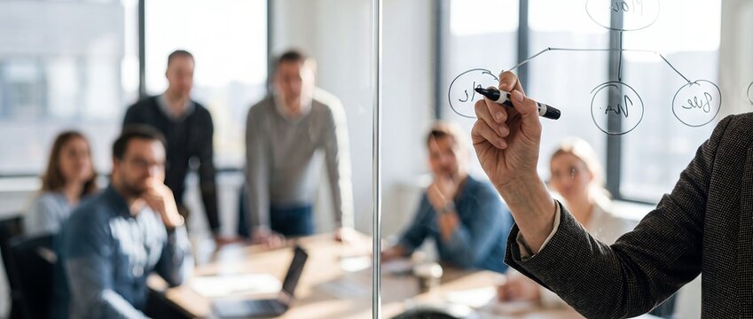 Whiteboard diagram presenter marker team meeting strategy office planning workshop ideal for finance blogs presentation slides startup landing pages leadership articles and networking event promos