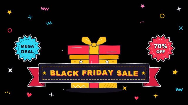 Black Friday Sale Animation with Open Gift Box on Transparent Background