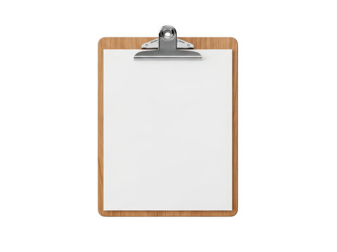 Wooden clipboard with a blank white paper sheet isolated on transparent background