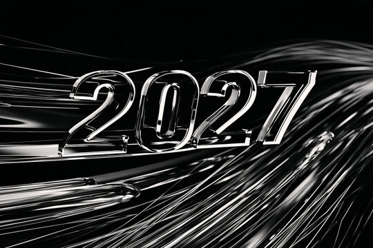 Nowoczesna, czarno-biała kompozycja z połyskującym napisem 2027 w otoczeniu abstrakcyjnych, płynnych linii i dynamicznych, błyszczących smug.