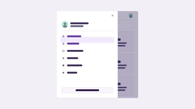 Seamless 4K looping user interface animation: hamburger menu expanding light screen. Clean flat vector mockup with grey placeholder bars instead of text, in purple and violet on a light theme, leaving