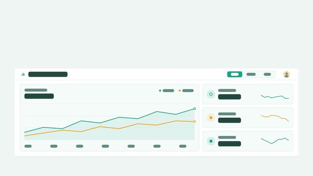 Seamless 4K looping user interface animation: analytics dashboard view light interface. Clean flat vector mockup with grey placeholder bars instead of text, in teal and cyan on a light theme, leaving 