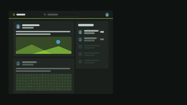Seamless 4K looping user interface animation: content loading placeholder dark layout. Clean flat vector mockup with grey placeholder bars instead of text, in green and emerald on a dark theme, leavin