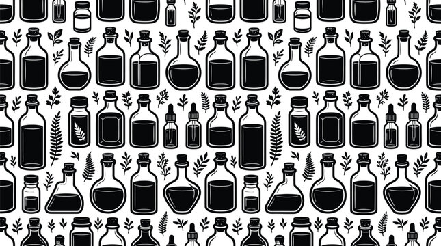 Bottles Pattern: A seamless pattern featuring various stylized bottles and botanical elements, presented in a monochrome, graphic art style.
