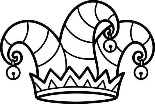 Jester Hat Line Art: A stylized, black and white line drawing of a classic jester's hat with jingle bells and a jagged brim, perfect for playful designs.