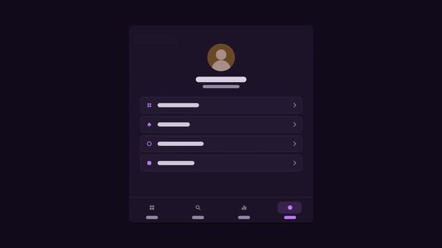 Seamless 4K looping user interface animation: tab bar mobile switch screen. Clean flat vector mockup with grey placeholder bars instead of text, in purple and violet on a dark theme, leaving copy spac