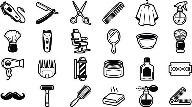 Barber Shop Tools: A collection of essential tools and equipment for a professional barber, including clippers, razors, scissors, combs, a barber chair, and a hairdryer, presented in a clear.