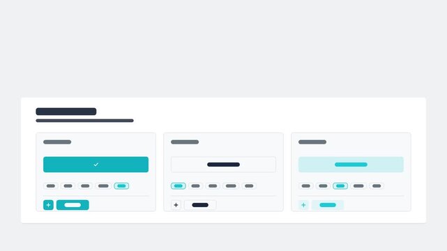 Animated buttons state change light interface drawn as a minimal interface mockup in teal and cyan, light mode. Smooth 4K seamless loop with blank placeholder content and room for your own copy. Wides