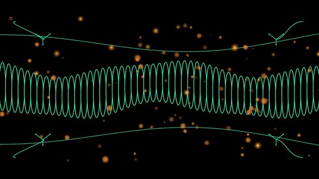 Abstract futuristic neon sound wave visualization glowing in dark space background with particles