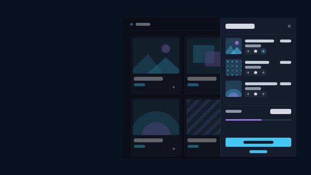 Animated cart drawer opening dark layout drawn as a minimal interface mockup in blue and azure, dark mode. Smooth 4K seamless loop with blank placeholder content and room for your own copy. Widescreen