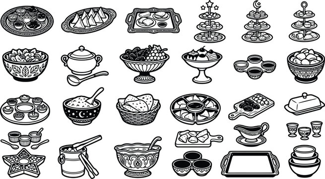 Various food and serving dishes illustration.