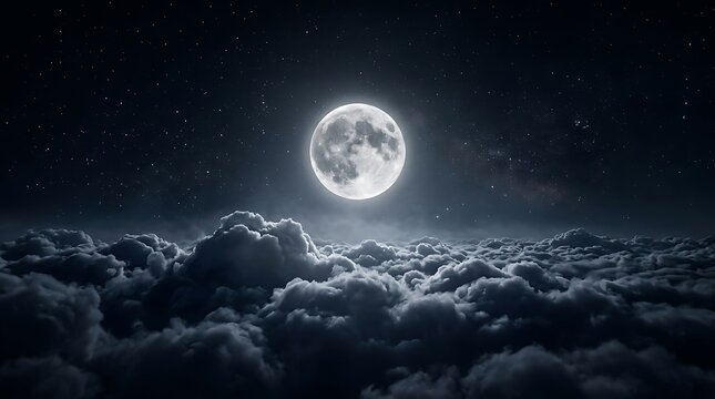 Full moon glowing above dark night clouds under starry sky with lunar phase