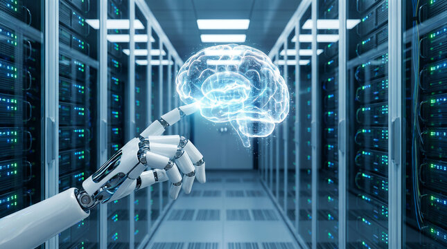 Robotic hand touching glowing digital human brain hologram inside modern server room corridor