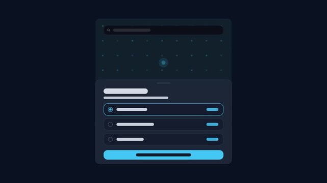 Seamless 4K looping user interface animation: bottom sheet rising dark screen. Clean flat vector mockup with grey placeholder bars instead of text, in blue and azure on a dark theme, leaving copy spac