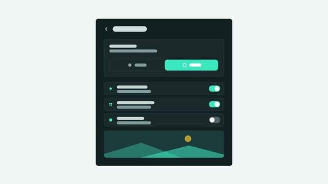 Seamless 4K looping user interface animation: theme switch toggling light screen. Clean flat vector mockup with grey placeholder bars instead of text, in teal and cyan on a light theme, leaving copy s